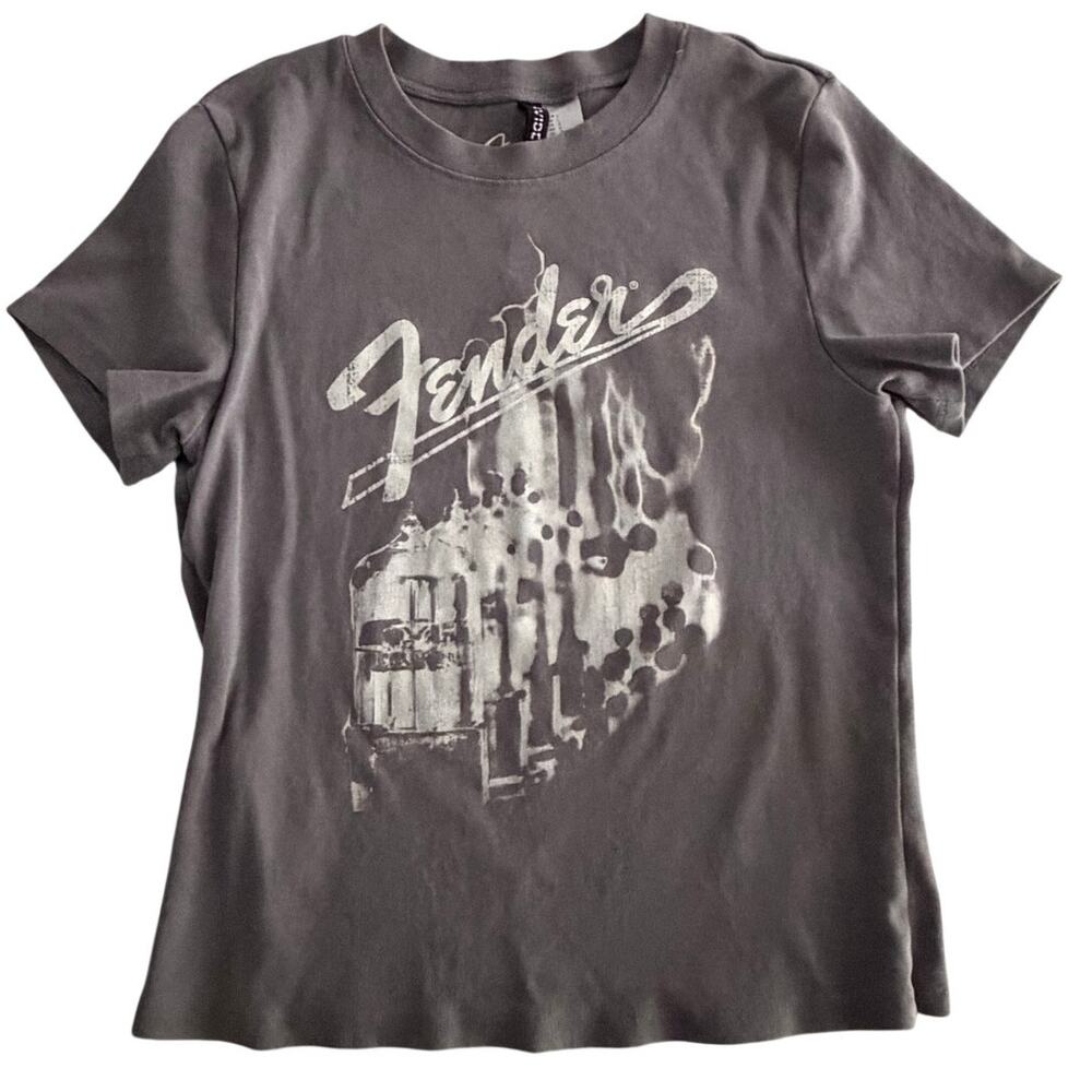 H&M Fender Guitar Logo Graphic Short Sleeve Crop T-Shirt Sz Large